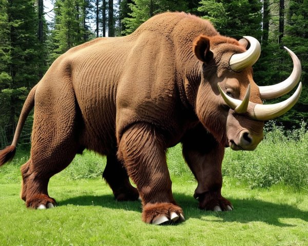 Massive creature in lush meadow with curved horns