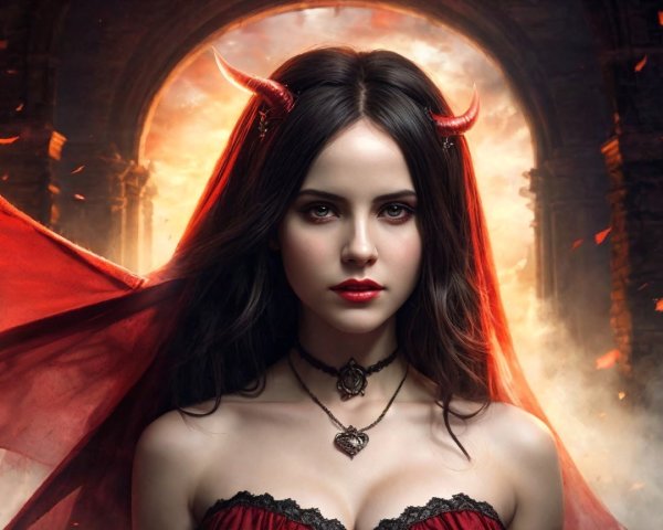 Gothic figure in smoky backdrop with red cape and horns