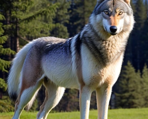 Wolf in Lush Meadow with Pine Trees and Mountains