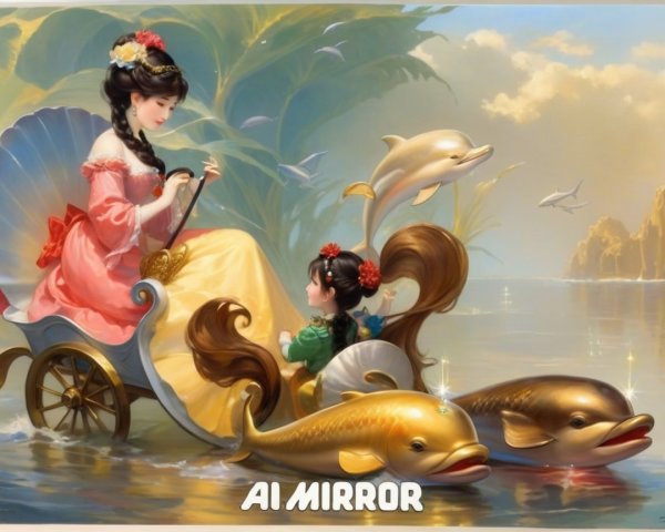 Whimsical Fantasy Scene with Woman and Dolphins