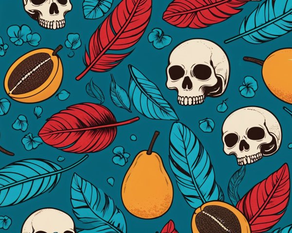 Vibrant Skull and Leaf Pattern with Tropical Fruits