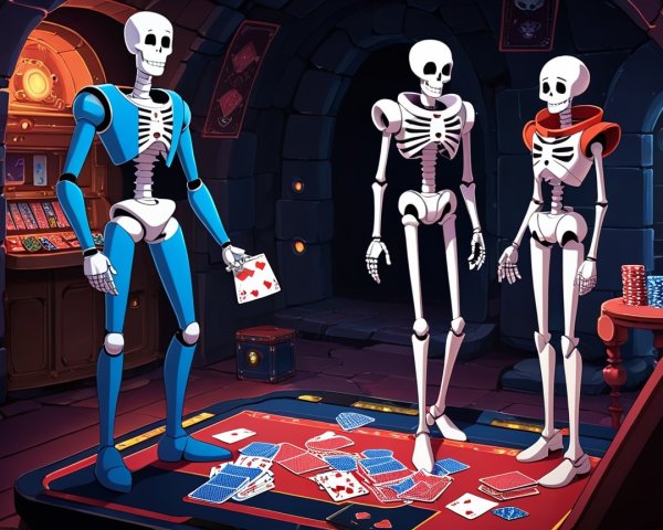 Skeletons Playing Cards in a Dimly Lit Dungeon