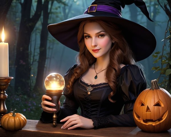 Mysterious Witch in Enchanted Forest with Glowing Orb