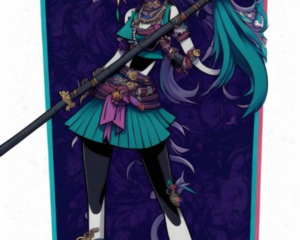 Whimsical Character in Vibrant Teal and Black Outfit