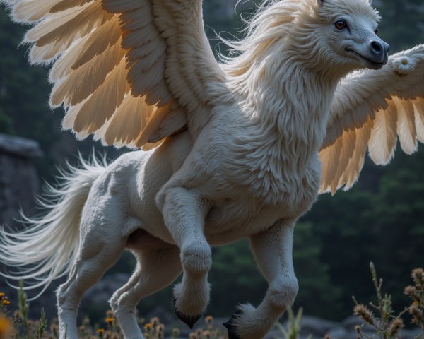 Majestic Horse-Bird Hybrid in Vibrant Meadow Scene