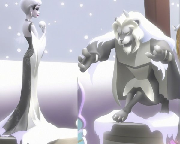 Ice Queen and Lion Statue in Snowy Winter Scene