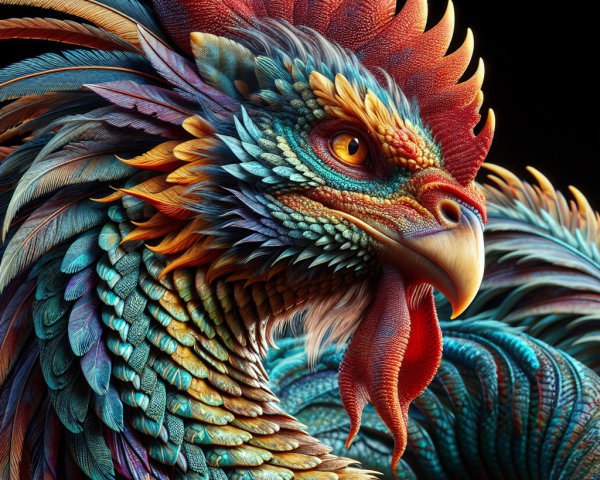 Vibrant Dragon-Rooster Hybrid with Intricate Features