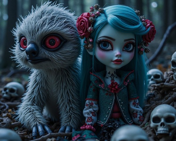Whimsical Forest Scene with Doll and Owl Creature