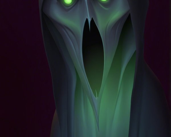 Sinister cloaked figure with glowing eyes and scream