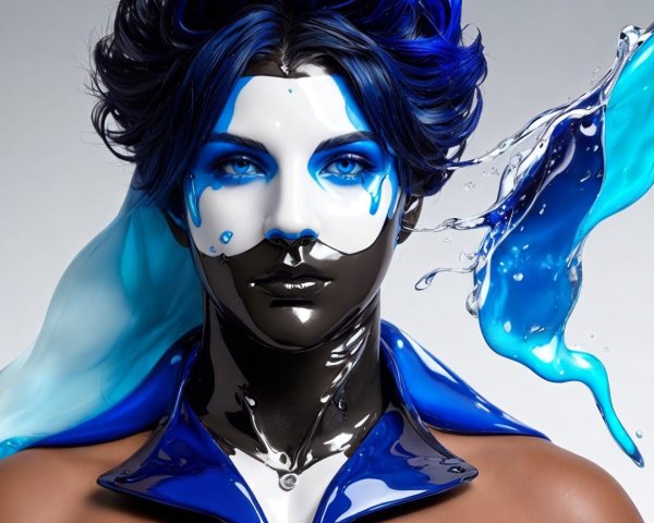 Glossy Black-and-White Face with Flowing Blue Liquid