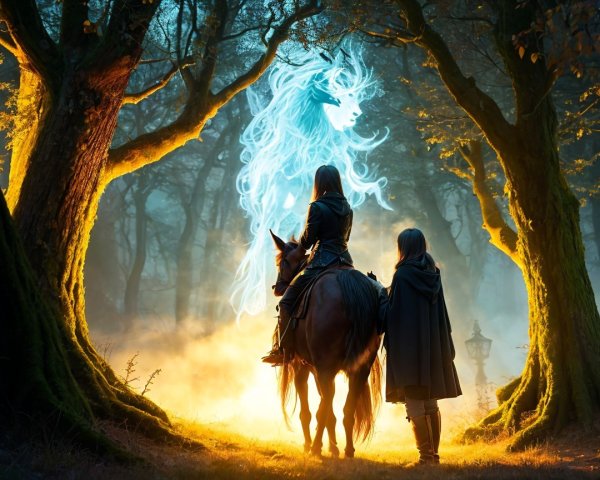 Mystical Forest Scene with Horse and Ethereal Apparition