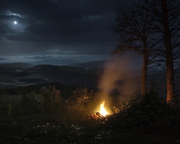 Tranquil Nighttime Campfire Scene with Rolling Hills