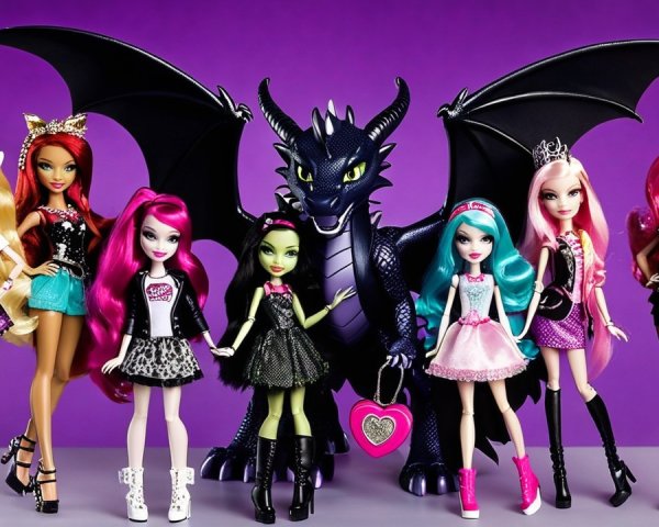 Vibrant Fashion Dolls Displayed with Menacing Dragon