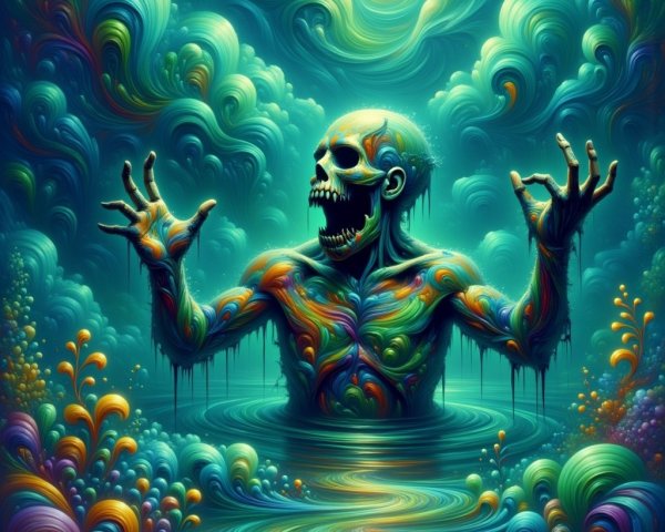 Surreal Scene of Humanoid Skull in Colorful Waters