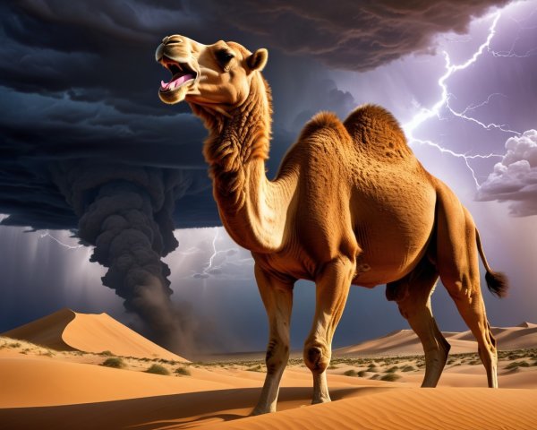 Camel in Desert with Storm Clouds and Tornado