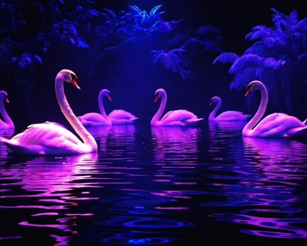 Elegant Swans on Reflective Water in Dreamlike Setting