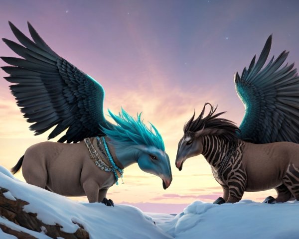 Mythical Creatures in Vibrant Sunset Landscape