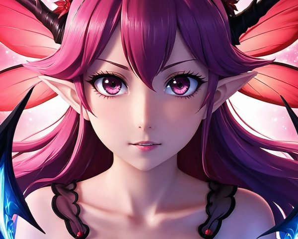 Fantastical character with purple hair and colorful wings