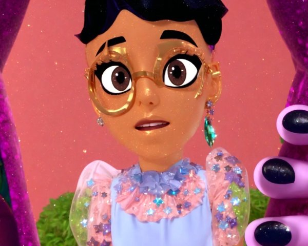 Young animated character in pastel dress with glasses