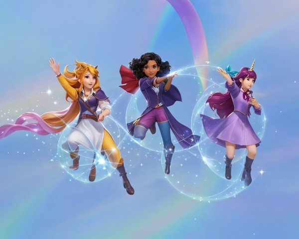 Animated Characters in a Colorful Sky Setting