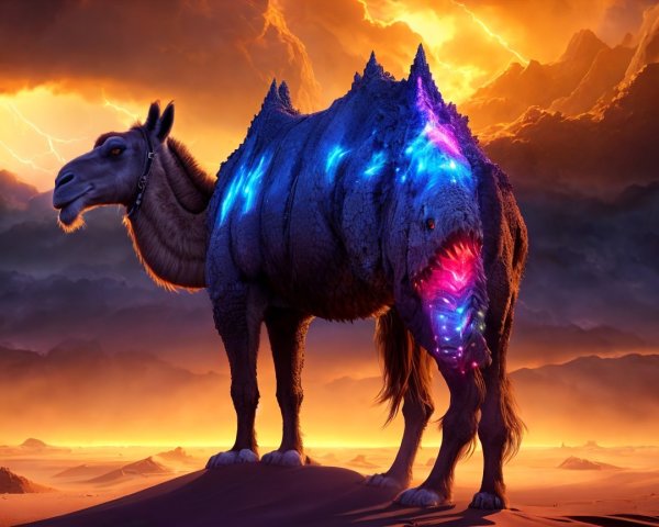 Surreal Camel with Vibrant Patterns at Sunset