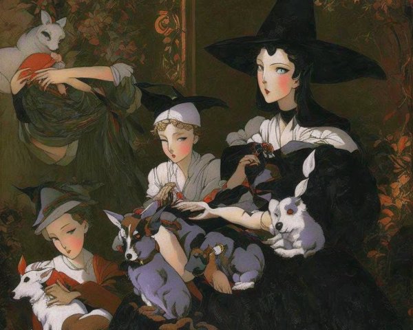 Whimsical Scene of Witches with Playful Animals