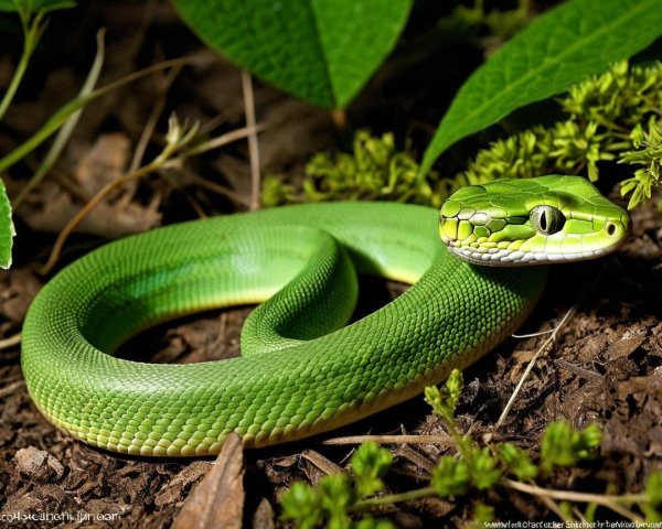 Vibrant Green Snake Among Lush Forest Foliage