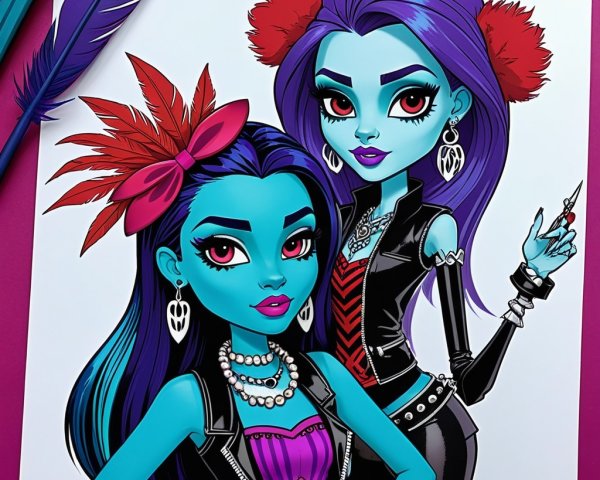 Stylized Characters with Blue Skin and Fashionable Outfits