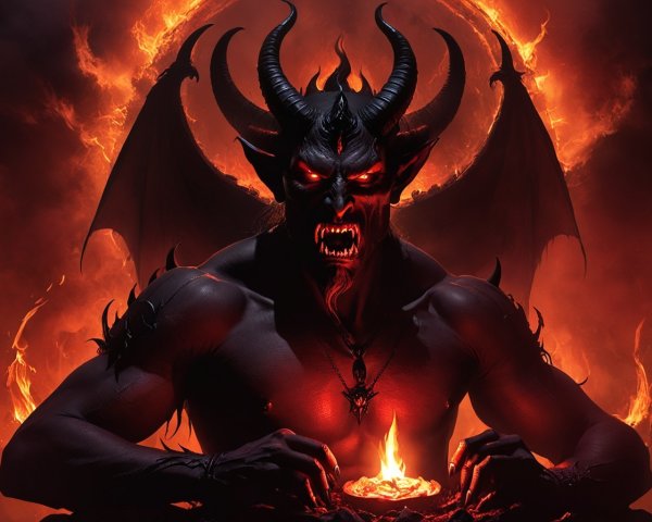 Dark Figure with Horns and Flames in Background