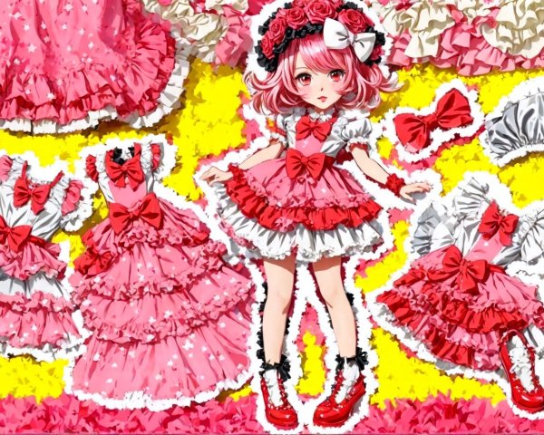 Whimsical Illustration of Cute Character in Pink Dress