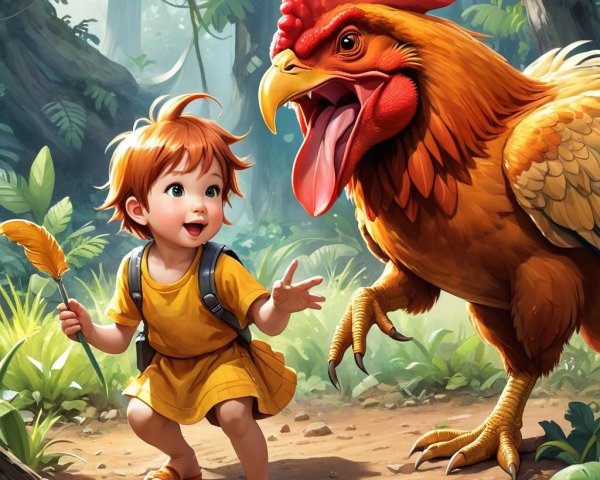 Child and Colorful Rooster in Vibrant Jungle Setting