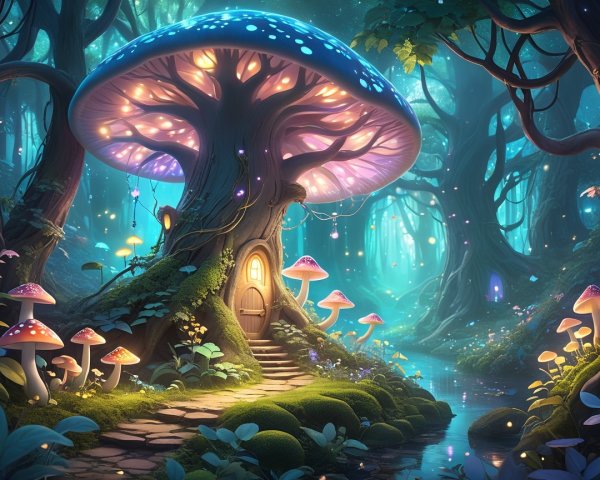 Giant Bioluminescent Mushroom in Enchanted Forest