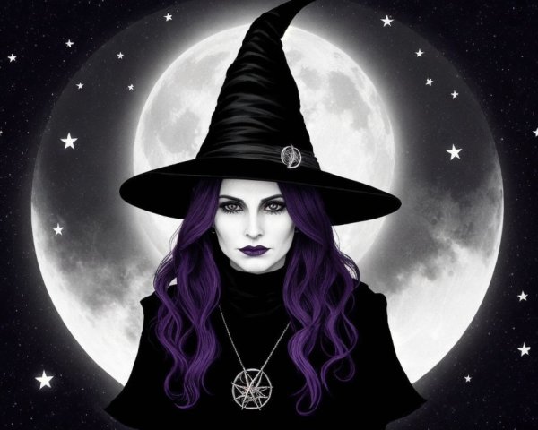 Mystical witch in dark cloak under starry night sky