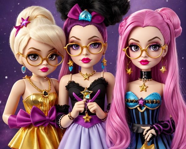 Three Stylish Dolls in Unique Outfits and Accessories