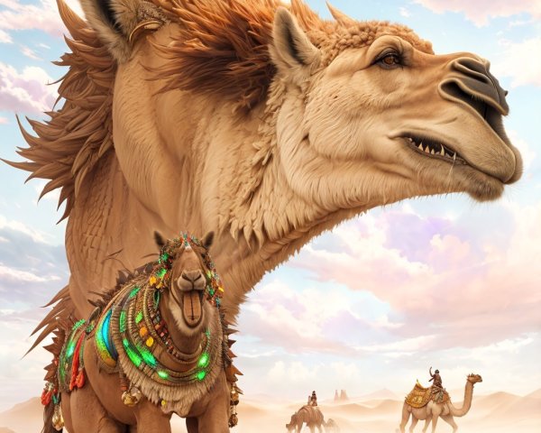 Surreal Desert Scene with Unique Camels and Dreamy Sky