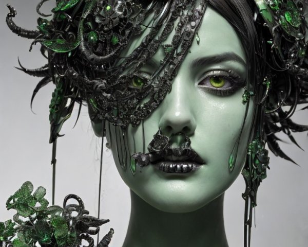 Striking figure with dark organic elements and green accents