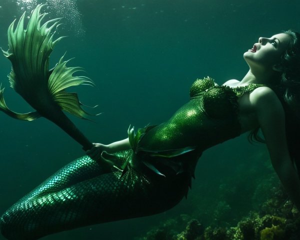 Underwater Scene with Mermaid and Aquatic Plants