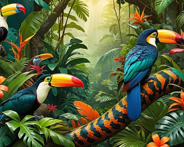 Tropical Jungle Scene with Toucans and Foliage