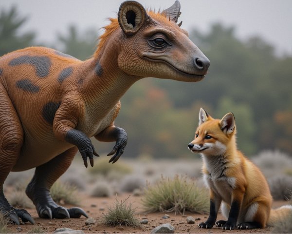 Dinosaur and Fox in Whimsical Natural Scene
