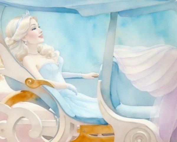 Elegant figure in blue gown in luxurious carriage