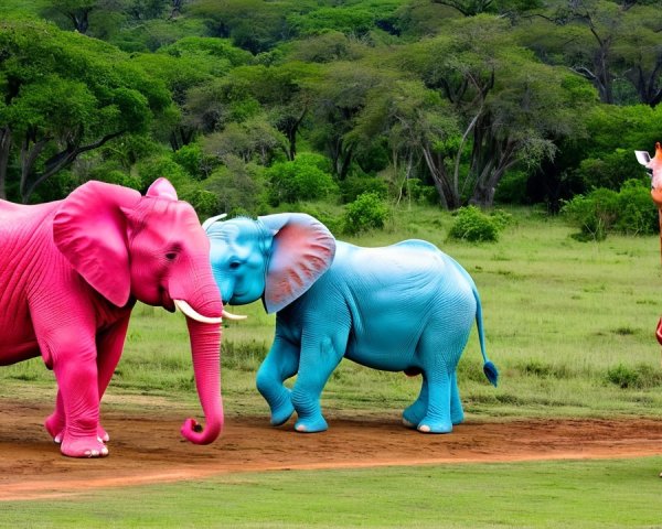 Colorful Elephants and Giraffe in Vibrant Landscape