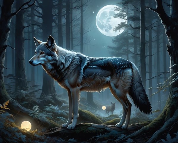 Majestic wolf in mystical forest under full moon