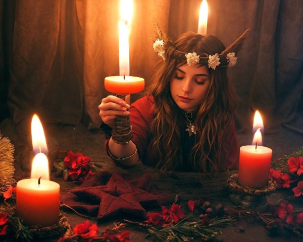 Young woman in red cloak at a candlelit table