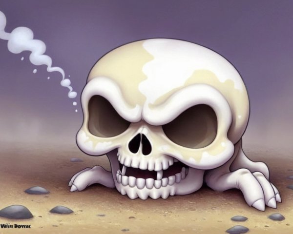 Whimsical Cartoon Skull in Dusty Landscape Scene
