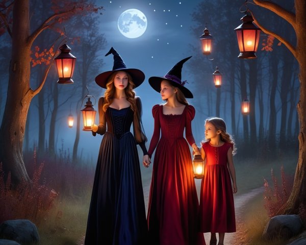 Women in Dark Gowns Walk with Girl Under Moonlight