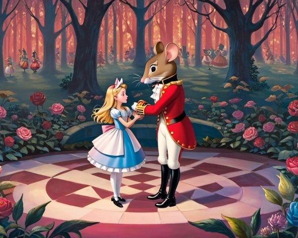 Whimsical Forest Dance with Girl and Anthropomorphic Mouse