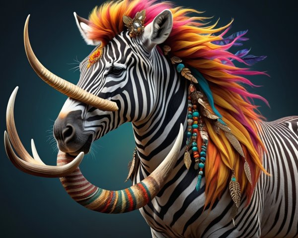 Vibrant Fantastical Zebra with Colorful Mane and Tusks