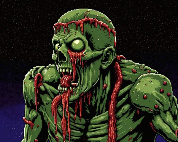 Grotesque Pixel-Art Zombie with Eerie Glow and Tendrils
