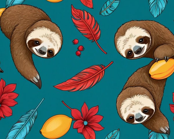 Vibrant Sloth Pattern on Teal Background with Tropical Elements