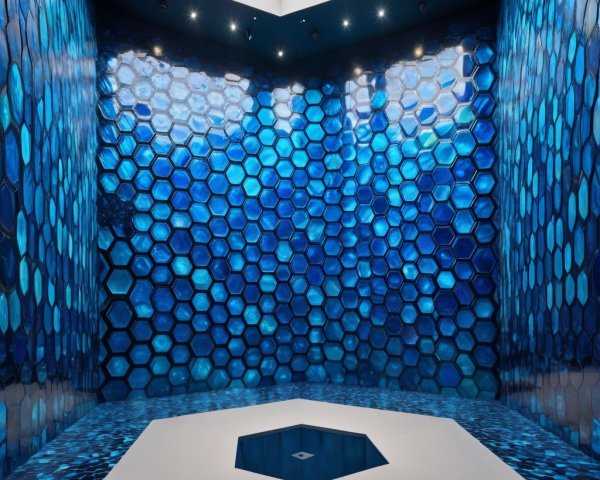 Modern Room with Hexagonal Blue Tile Walls and Skylight